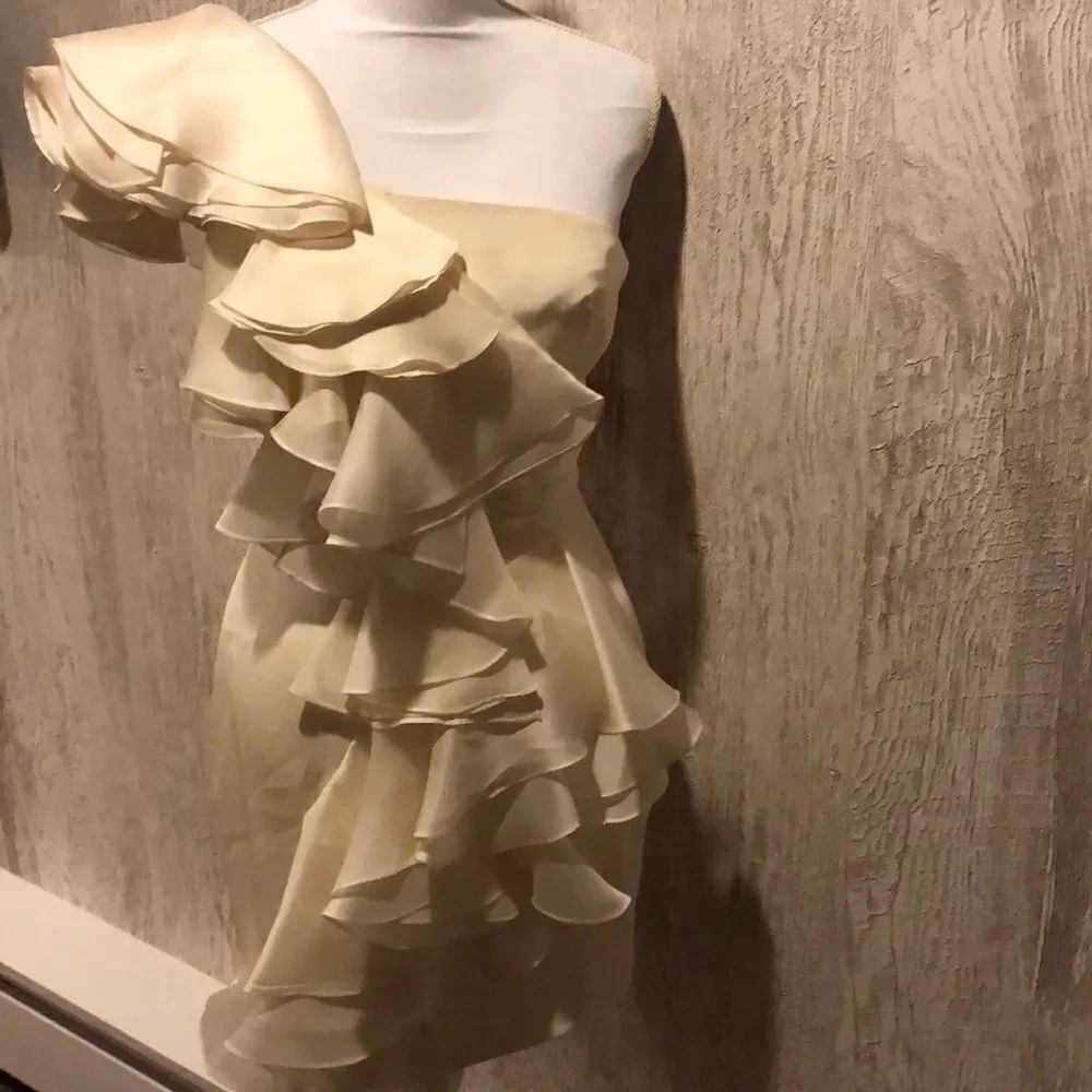 Marchesa Notte Ivory Silk One Shoulder Ruffle Mini Dress Size Small